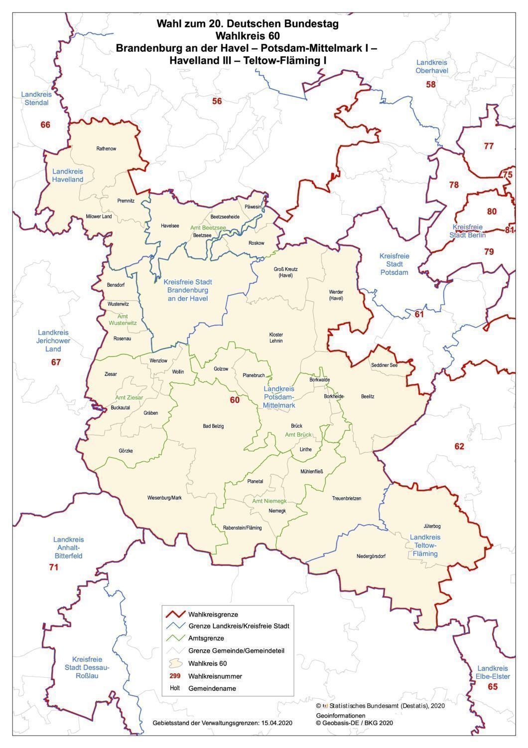 Karte des Wahlkreis 60 der Wahl zum 20. Deutschen Bundestag (Brandenburg an der Havel - Potsdam-Mittelmark 1 - Havelland 3 - Teltow-Fläming 1
